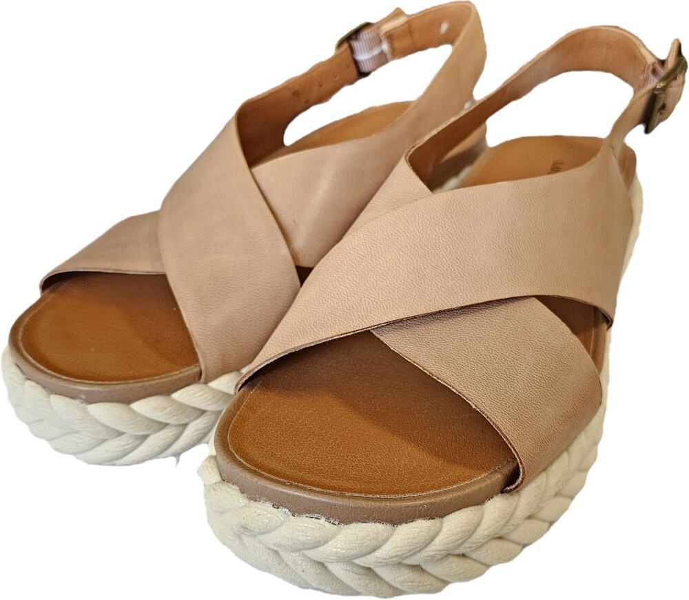Lucky Brand Lanithy Tan Cross Strap Leather Platform Sandals Braided Boho 7 NWOB
